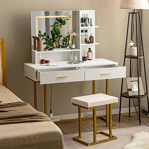 COSTWAY Schminktisch mit LED Beleuchtung, großem Spiegel, 2 Schubladen & Regalen, Frisiertisch mit gepolstertem Hocker, Kosmetiktisch für Schlafzimmer, weiß+Gold