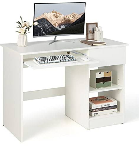 COSTWAY Computer Desk, 108 x 48cm Wooden PC Laptop Table Writing Workstation with Sliding Keyboard Tray, Drawer and Adjustable Storage Shelf, Modern Home Office Working Gaming Study Desk (White)