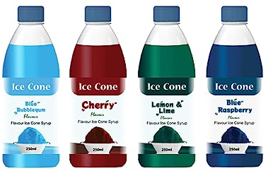 Sirup für Ice Cone, Mixed Popular Flavour Sirups, kann mit All Slush| verwendet werden Slushie Machines Kirsche, Blauer Kaugummi, Zitrone & Limette, Blaue Himbeere Je 250 ml (4er Pack)