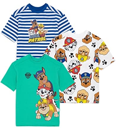 PAW PATROL Boys T-Shirts 3er Pack | Kleinkind Kinder Trümmerjagd Marshall Rescue Welpen | Blau Grün Weiß Top | TV-Show Geschenke