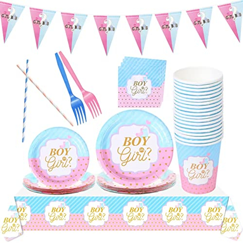 Baby Girl Baby Boy Gender Reveal Party Tableware Set, 98 PCS Gender Reveal Tableware Includes Plates Napkins Cups Rigid Tablecloth Banner for 16 Guests