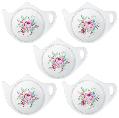 SOCOSY Lot de 5 supports de sachets de thé vintage en porcelaine en forme de théière - Repose-cuillère - Accessoires de repos pour sauce et dessert - 10,2 cm - Fleurs florales