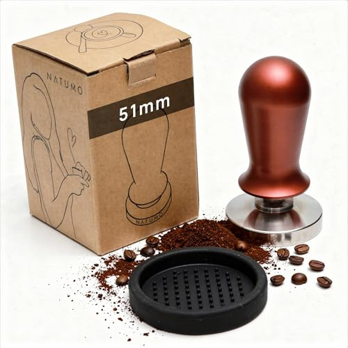 NATUMO Espresso Tamper 51mm, druckregulierend (15kg / 35lbs), Kaffeestampfer Siebträger Zubehör, Kaffe Tamper Set mit Tampermatte (Bronze)
