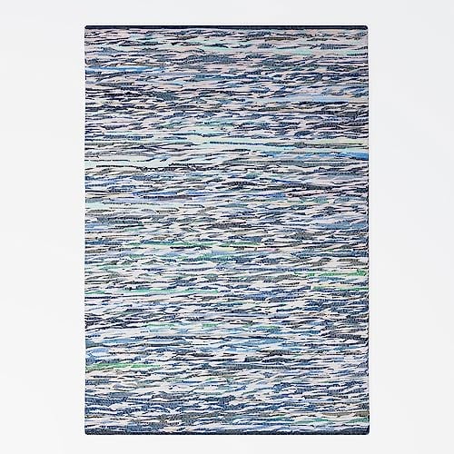 MY-RUG Fleckerlteppich bunt 60 x 110 cm - Grau Blau, handgewebt, recycelte Baumwolle als Flickenteppich gestreift und moderner Kelim Chindi Teppich Rajesh