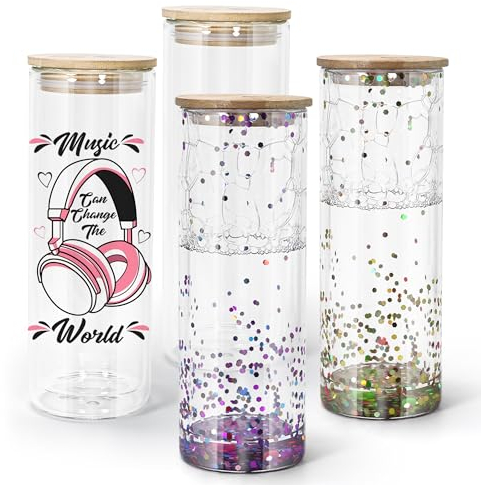 sweet grain Snow Globe Tumbler, 4 Pack 25 oz Sublimation Glass Cups for Glitter Snow Globe Cups, Double Wall Glass Tumbler for Iced Coffee, Juice, Soda, Drinks