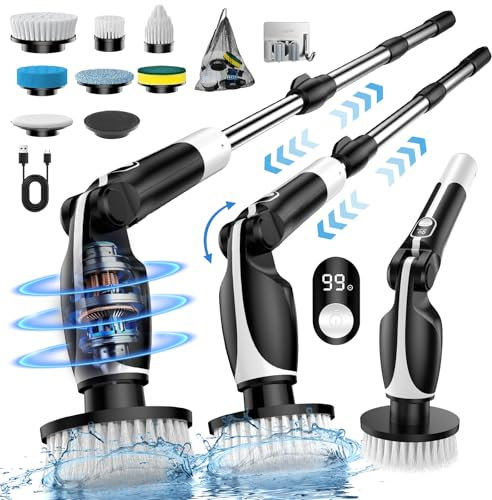 ETENTOUS Brosse Nettoyage Electrique, 500RPM avec 7 têtes de Brosse Remplaçables, Affichage LCD, 150 Minutes d'autonomie, Ajustable et Détachable pour la Salle de Bain, la Baignoire, Le Verre