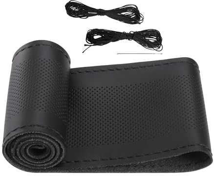A ABSOPRO Handgenähter Lenkradbezug für Autos, 38 cm, Mikrofaser-Leder, Schwarz