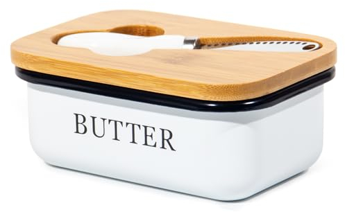 GREELUE Butterdose mit Deckel aus Bambus, Butterglocke Holz, Butter dish Für 250g Butter, Butter Box Dose, Buttermesser (Weiß)