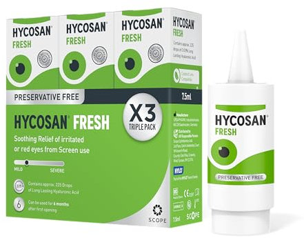 Hycosan Fresh - Triple Pack - Eye Drops with Hyaluronic Acid for Soothing Relief of Mild Dry Eyes, Irritation, or Redness from Screen Use - Preservative Free - 3x225 Measured Doses