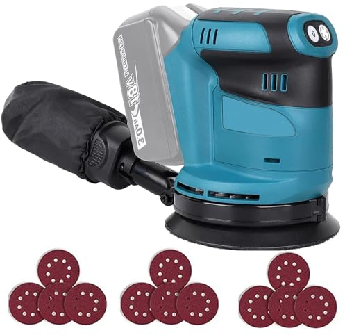 Bürstenlose Akku Exzenterschleifer, Ersetzen für Makita 18V Akkus BL1840 BL1850, Ersatz für Makita DBO180Z, 3 Leistungsstufe, 12x Schleifpapier, Zum Wachsen und Polieren von Holz und Metall, ohne Akku