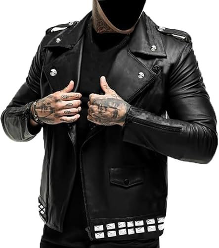 AAOutfitz Schwarze Biker-Lederjacke für Herren mit Nieten, Schwarz - Echtleder, S