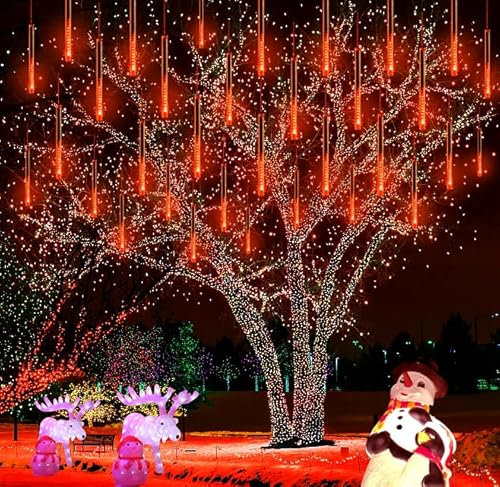 Kwaiffeo Halloween Deko Outdoor,20 Röhren LED Meteorschauer Lichterkette Außen, Wasserdichte Fallende Regen Lichter für Weihnachten Halloween Garten Fenster, Orange