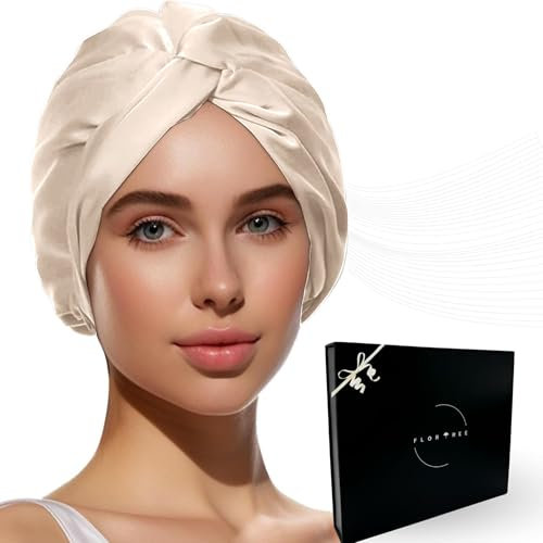 Flortree Seidenhaube zum Schlafen - Schützt Haare vor Bruch & Spliss | Behält Lockenform, spart Zeit beim Styling | Silk Bonnet für alle Größen & Haartypen geeignet (Champagner)