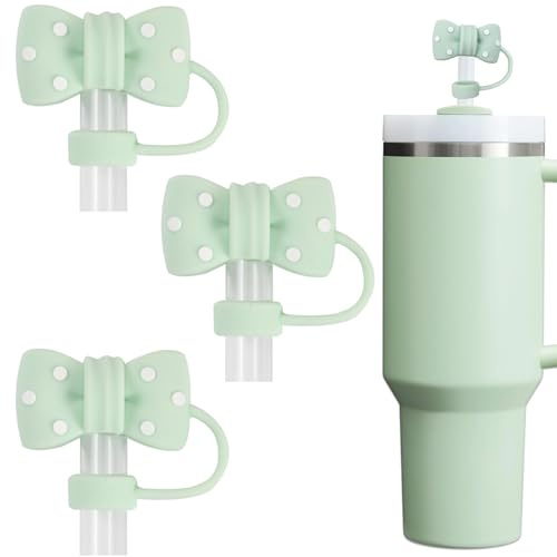 Amreich Green Straw Cover - 3PCs Bow Straw Toppers Compatible with Matcha Cream Stanley Cup Cute 0.4in Straw Accessories for 30 40 Oz Tumblers