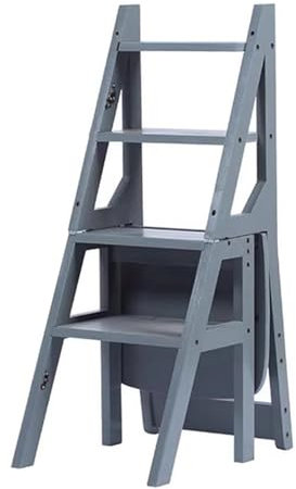 4-Tier Solid Wood Folding Ladder Chair - Protable 4-Step Library Ladder,Foot Stools Ladder Flower Shelf Portable Wooden Stepladder for Office/Home/Kitchen/Library,Grey-37 * 47 * 90cm