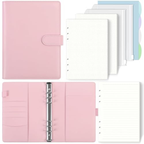SKYDUE A5 Ringbuch, Ringbuch A5 Nachfüllbar,135 Blätter Nachfüllpapier, Notizbuch Mit Bindertaschen, a5 Binder Für Schulnotizen Und Reisetagebücher (Hellrosa)
