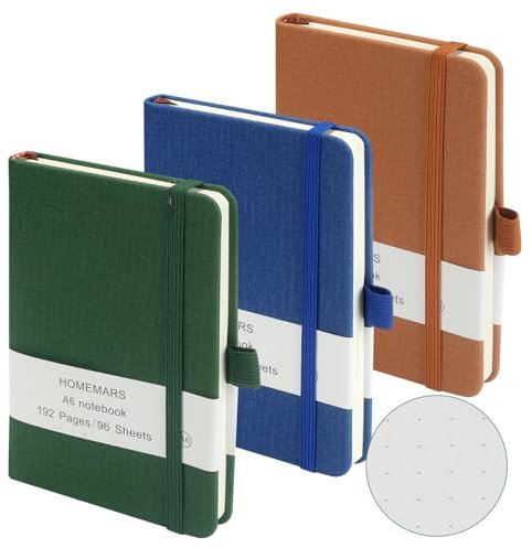 HOMEMARS Notizbuch A6, 3 Stück Notizbücher Set, Bullet Dotted Journal, 14.4cm x 9.6cm Notizblock, Dotted, 192 Seiten, Notizheft, Notizblock,Braun Grün Blau