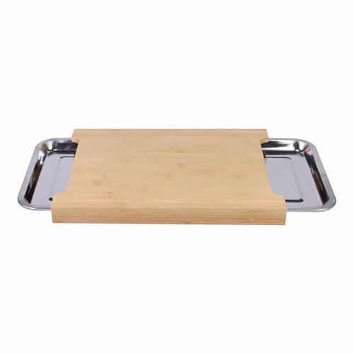 Nexos Trading Schneidebrett aus Bambus mit Zwei flachen Auffangschalen aus Aluminium 40x29x3,5 cm
