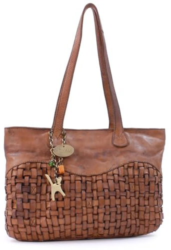 Catwalk Collection Handbags - Damen Gewebte Leder Schultertasche Mittelgroß - Handtasche für Notizbuch A5 mit Viele Fächer - MATILDA - Hellbraun