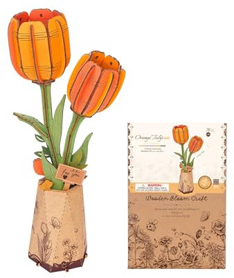 ROBOTIME Orange Tulip 3D Wooden Puzzle, Artificial Flowers Model Kits for Adults to Build, Creative Home Decor, Accessories Living Room, Gifts for Women on Valentine's Day, Flower Bouquet