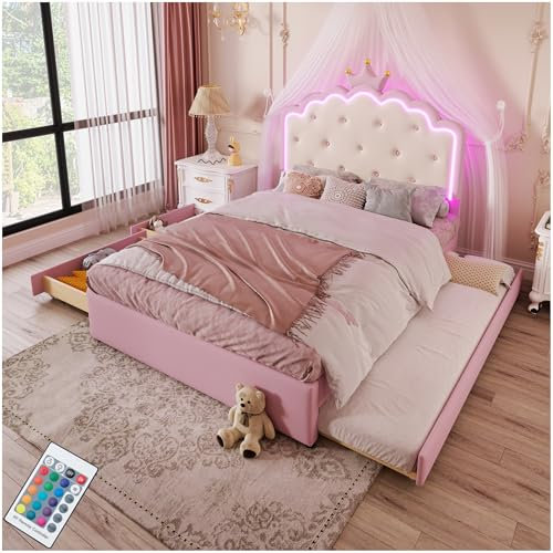 Lubvtti Letto per bambini 140x200cm con LED,con letto estraibile e 2 cassetti,letto matrimoniale con contenitore,telaio del letto 140x200 con rete a doghe,PU,rosa