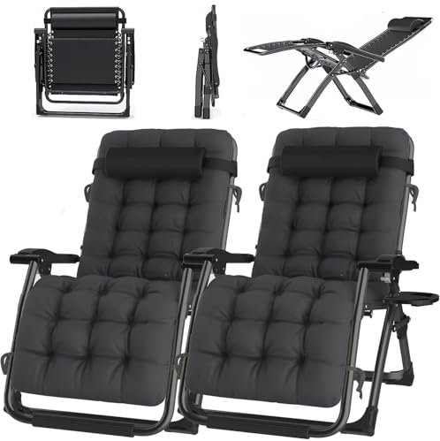 ONKBOITE 2er Set Sonnenliege klappbar Liegestuhl Gartenliege Keine Installation, mit Getränkehalter, Relaxliege mit Kissen, atmungsaktiv, für innen Gartenstuhl Campingstühle(Schwarz, 84cm)