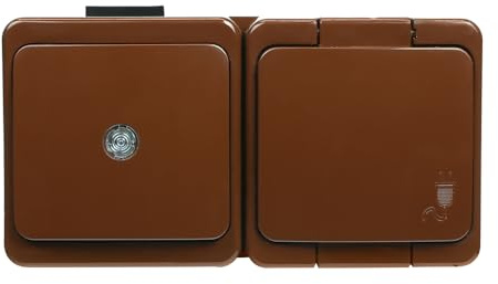 IP44 Aufputz Steckdose Schuko 1-fach, 2-fach, 3-fach, Ein/Ausschalter Serienschalter Wechselschalter Taster Kreuzschalter Feuchtraum Braun (Steckdose 1-fach+Ein/Ausschalter mit Beleuchtung)
