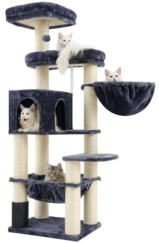 Hey-brother XXL Grosse Kratzbaum für Maine Katze, 168cm Katzenbaum für groß Katzen, mit übergroßer Hängematte, Sisalpfosten (φ11cm) und Kämmer, 2 Plattformen, Höhle, Korb, Rauchgrau EMPJ01G