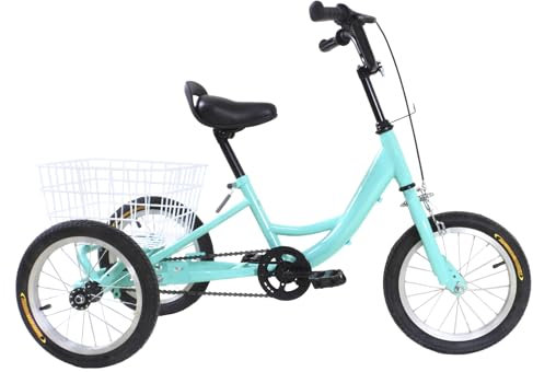 14 Zoll Rad Dreirad Räder Kinder Fahrräder Kinderdreirad Fahrrad Einzelgeschwindigkeits Fahrrä der Trike Einkaufskorb Single Speed Geschenk Lastenfahrrad Korb HellgrüN für Jungen MäDchen 7-10 Jahre Al