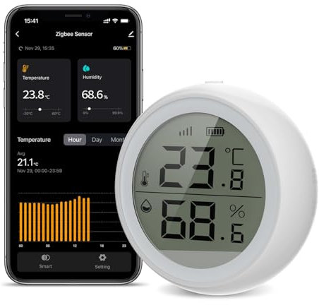 SMARTERCURRY ZigBee Thermometer Hygrometer, LCD Digital Temperatur luftfeuchtigkeitsmesser mit Benachrichtigungs Alarm, Temperatur- und Feuchtigkeitssensor, Präzise Thermo-Hygrometer mit APP