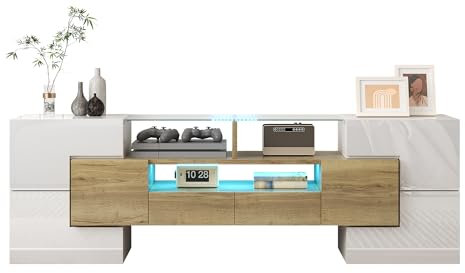 Azkoeesy TV-Schrank mit LED-Licht in Hochglanz Weiß/Holzfarben, 145 x 30 x 51 cm, Stilvoller TV-Board Lowboard Fernsehtisch mit Glastischplatte, 2 Schubladen und viel Stauraum