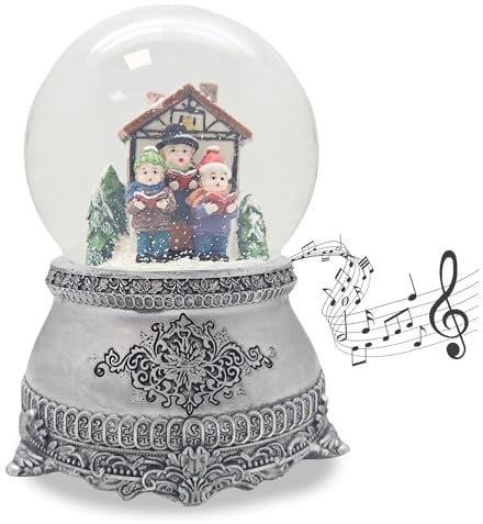 Schneekugel Weihnachten Spieluhr | Weihnachtssinger Fachwerkhaus | Sockel Zinn Ornamente | Höhe: 140mm, Breite 100mm | mit Musik | Schüttelkugel mit Weihnachtsmelodie | 20315