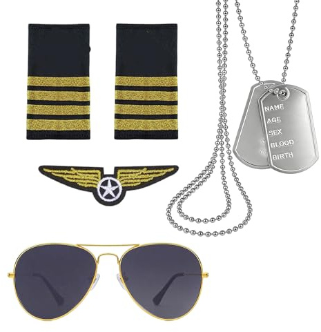 Werownsgso 4 Stück Flieger Captain Kostüm Set Flieger Verkleidung Accessoires mit Fliegerbrille Schulterklappen Patch Silber Erkennungsmarke Kette Pilot Kapitän Kostüm Zubehör für Erwachsene Karneval