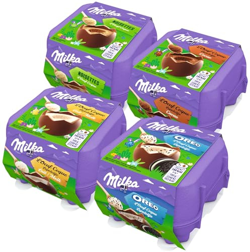 Milka - Assortiment de Chocolats de Pâques : 4 Œufs Coques Chocolat au Lait, 4 Oreo, 4 Œufs Coques Cacao, 4 Chocolat et Noisette - Lot x4