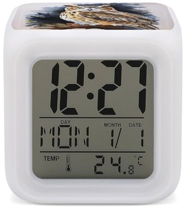 QMNBTES Wecker mit Eulen-Farbwechsel, mit 7 weichen LED-Farben, 7,9 cm, Würfel, leises Nachtlicht mit Uhrzeit, Datum, Temperaturanzeige, batteriebetrieben, für Schlafzimmer, Schlafsaal, Kinderzimmer