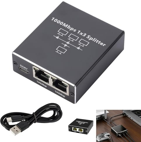 Ethernet Splitter 1 to 3, RJ45 Splitter Gigabit Adapter 1000Mbps, 3 Port LAN Internet Cable Network for Cat 8/7/6/5/5e Cables, Plug & Play, with USB Power Cable, for Router, Switch, PC, TV