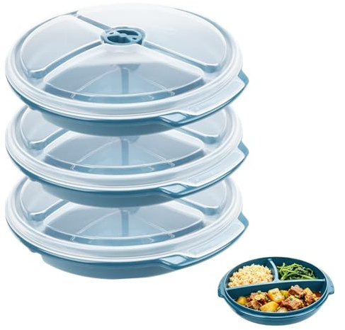 3 Set Mikrowellen Teller, 25 x 23 x 4 cm Mikrowellengeschirr mit 3 Fach Aufteilung Deckel, Mikrowellenteller Vorrats BPA-frei Wiederverwendbar, Mikrowellenfeste Frischhaltedose zum Erhitzen Einfrieren