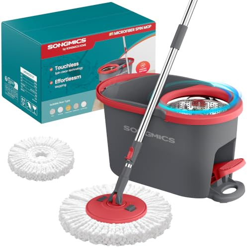 SONGMICS Spin Mop Bucket Set with Pedal Wringer, Floor Cleaning Mop, Adjustable Telescopic Handle 122.5-150 cm, 360° Rotating Head, 1 Microfibre Pad, Grey and Red LMB002GT01
