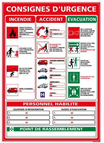 Signalétique.biz France - Panneau Consignes Générales en Cas d'Urgence - Protection anti-UV - Dimensions 420x300 mm - Plastique rigide PVC 1,5 mm