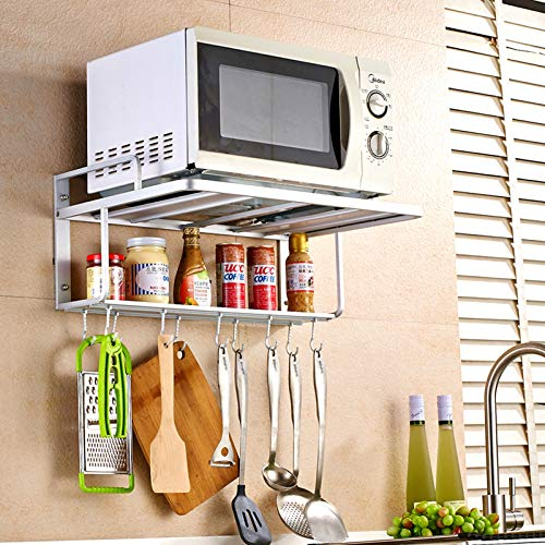 Wall Mounted Microwave Shelf, Double Layers Space Aluminum Alloy Kitchen Storage Organizer, 3in1 Microwave Oven Rack Stand Wall Microwave Mount Shelf with 10 Hook for Microwave Pan Pot Knife Spoon