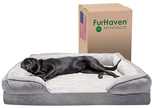 Furhaven XXL kühlendes Gel-Schaumstoff-Hundebett, Perfekter Komfort, Plüsch & Samtwellen, Sofa-Stil mit abnehmbarem, waschbarem Bezug, Granitgrau, Jumbo Plus (Größe XXL)