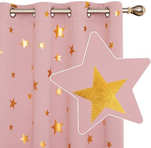 Deconovo Fenstervorhang Blickdicht Verdunkelungsgardinen Sterne Muster Schlafzimmer, 138x117 cm(HöhexBreite), Korallenrose, 2er Set