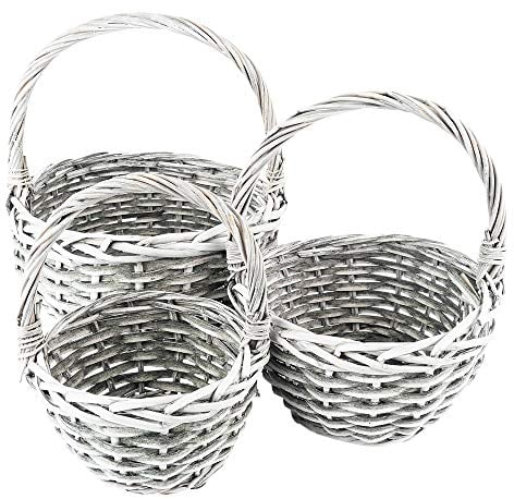 Ideen mit Herz Set di cestini in vimini, 3 cestini in diverse misure: Ø14, Ø18, Ø21 cm, con manico, grigio, intrecciato, rotondo, piccolo, ideale come cesto regalo