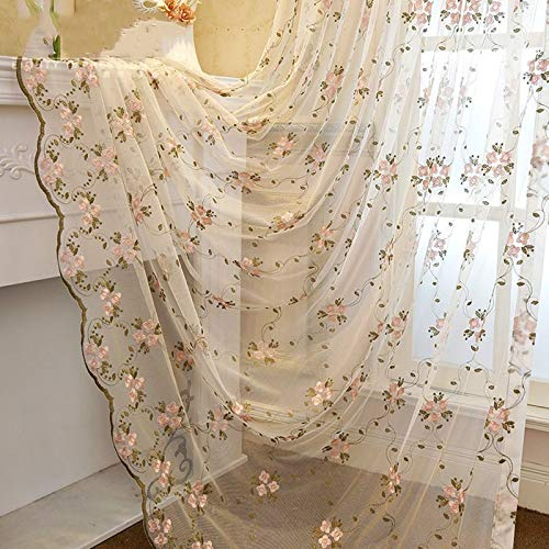 Spitze Blume Gardine,Rosa Süß Stickerei Elegante Tüll Vorhang,Prinzessin Hochzeit Voile Vorhänge Für Wohnzimmer,Haken Oben-Weiß. 100x270cm(39x106inch) 1pcs