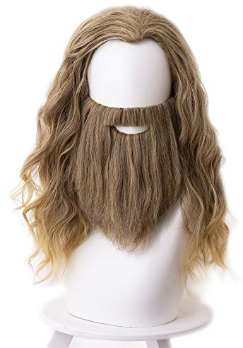 Lixinya Golden Yellow Wavy Curly Hair and Beard Halloween Party Props Cosplay Wig with Free Wig Cap