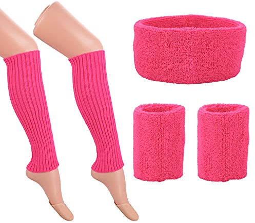 Jomnvo Accessoires de costume des années 80,Rose rouge,Accessoires de déguisement pour femme,Jambières en tricot,Bandeau fluo,Bracelets pour fête des années 80,Décoration de fête rétro (rose rouge)