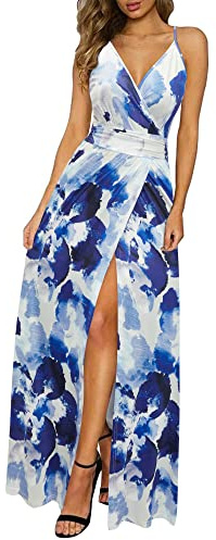Newshows Femmes Eté Profond Décolleté en V Loisirs Robe Spaghetti Imprimé Fleur Split Maxi pour la fête de Plage (Floral 20,XX-L)
