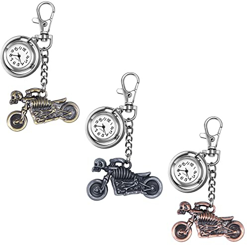 Silverora Schlüsselanhänger Uhr mit Totenkopf Schädel Motorrad Charm für Damen Herren Taschenuhr mit Schlüsselschließe Pocket Taschenuhr Ansteckuhr Rucksack Sport Easy Carry