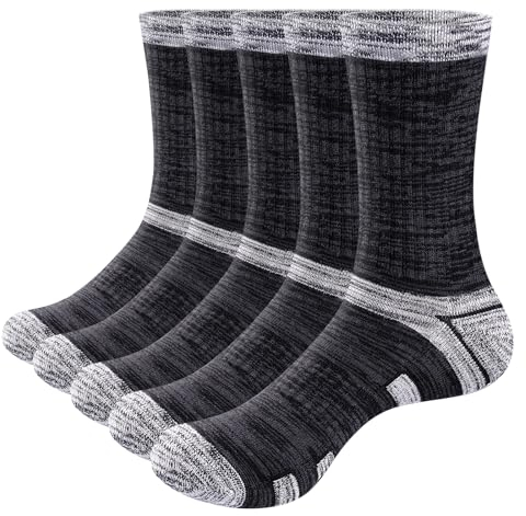 YUEDGE Sportsocken Herren, Baumwolle Herrensocken Crew Wandersocken mit Dicke Frotteesohle, Arbeitssocken, Tennissocken für Herren 47-50, Schwarz 5 Paar