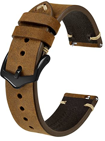 BISONSTRAP Uhrenarmband für Herren, Handgefertigte Stiche Leder Armband, Schnellverschluss, 18mm, Sattelbraun mit Schwarzer Schnalle